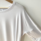 Close up of sleeve of white Bamboo 3/4 sleeve top made in canada