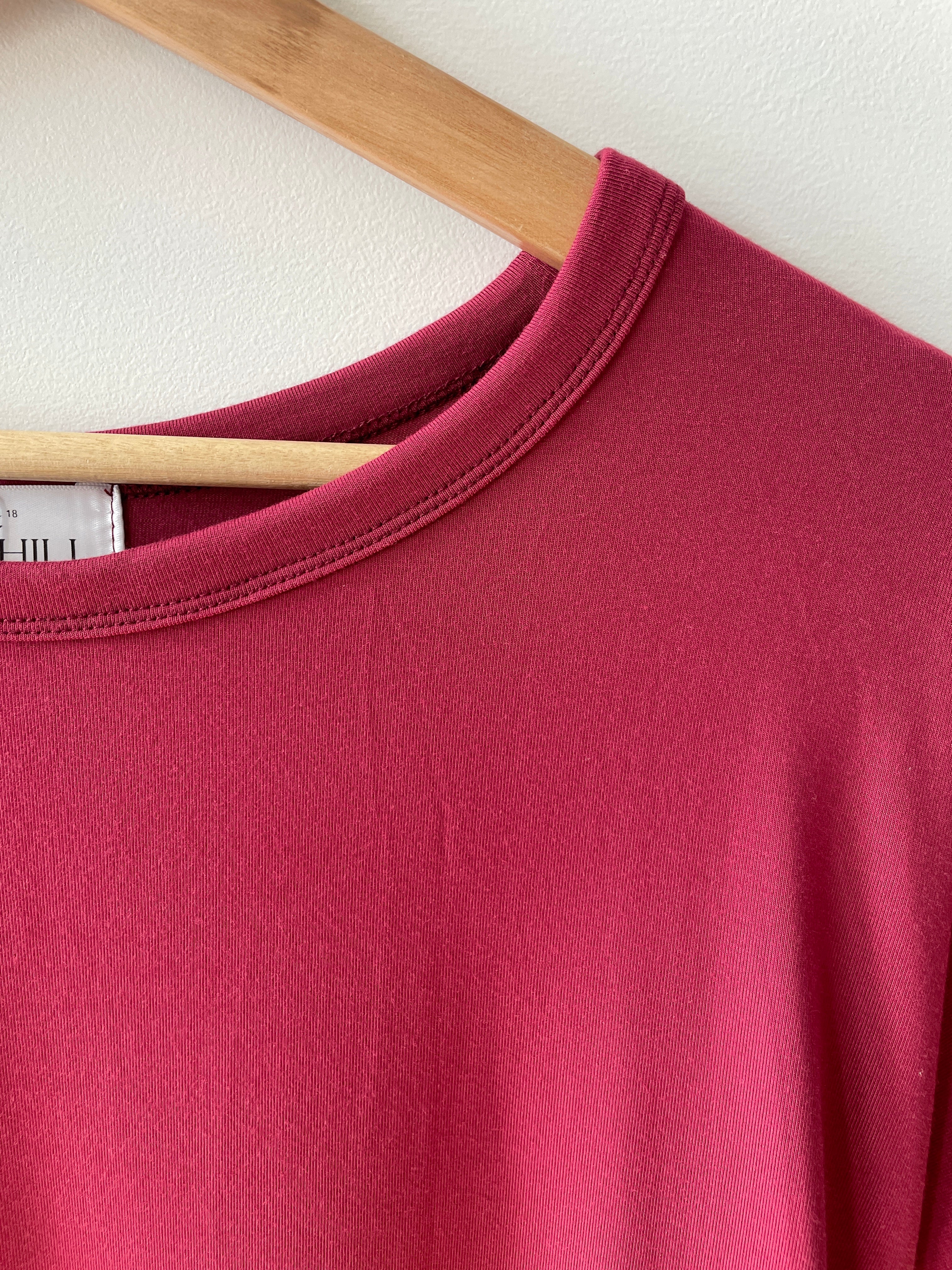 Close up of red collar Bamboo 3/4 sleeve top made in canada