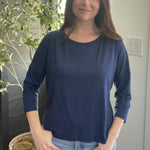 Model wearing Bamboo navy 3/4 sleeve t-shirt made in canada