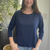 Model wearing Bamboo navy 3/4 sleeve t-shirt made in canada