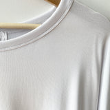 Close up of collar of the white Bamboo 3/4 sleeve t-shirt made in canada