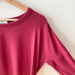 Close up of red sleeve Bamboo 3/4 sleeve top made in canada