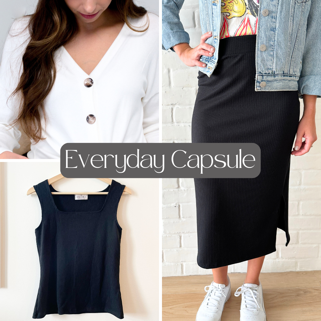 Everyday Capsule Ang Hill button up white cardigan, black midi skirt and black square neck tank