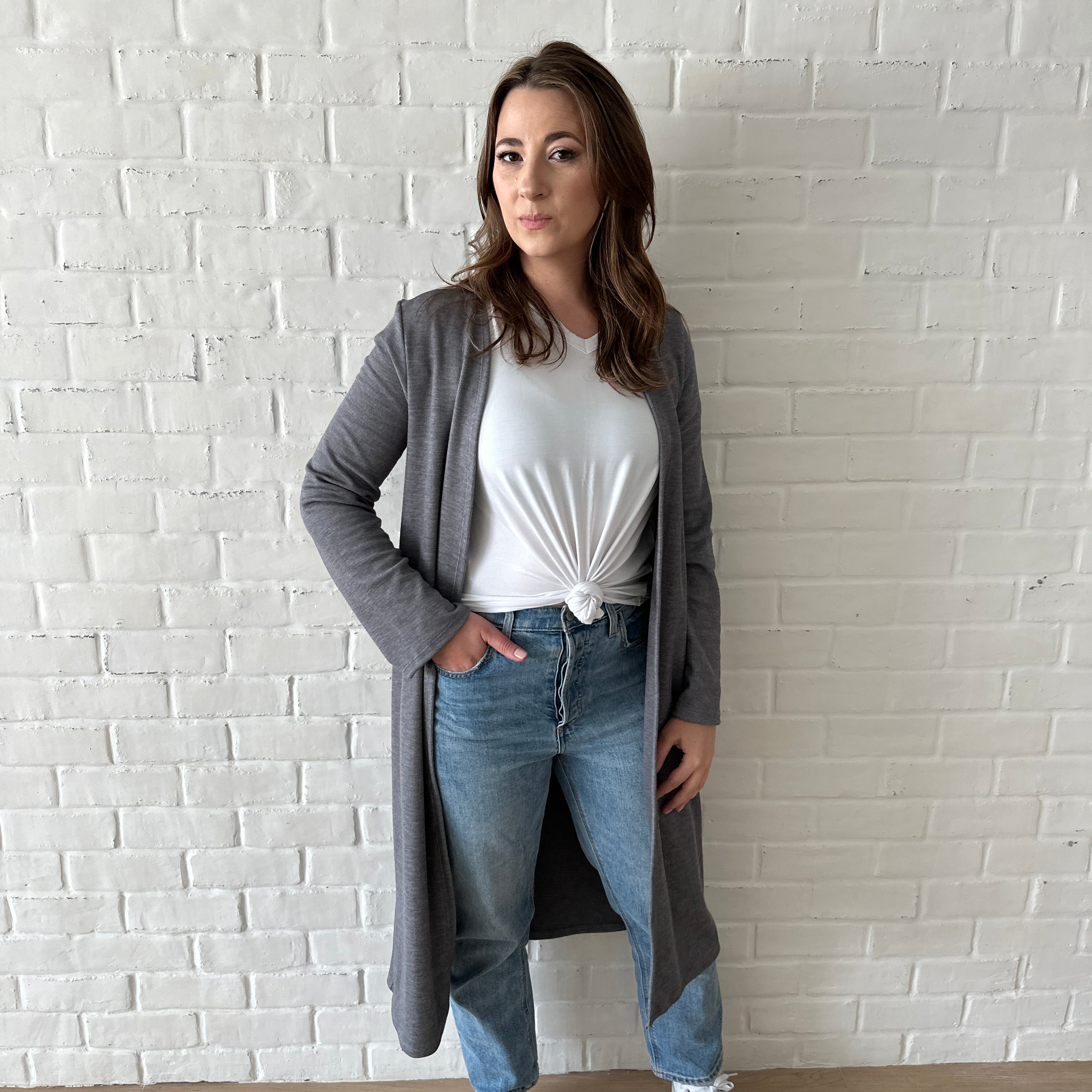 woman wearing long grey cardigan for women and white t-shirt