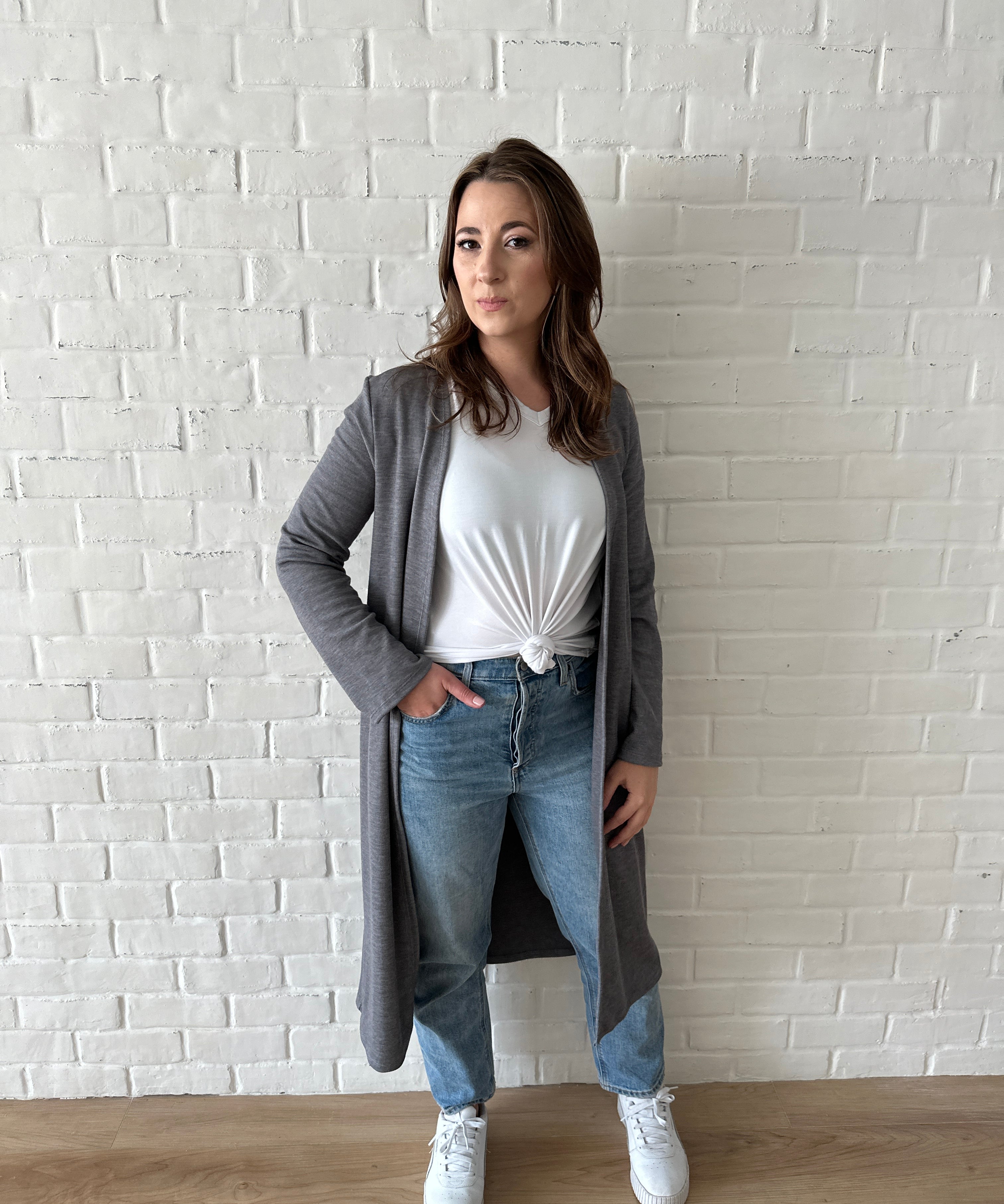 woman wearing long grey cardigan for women and white t-shirt