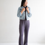 high waist wide leg pants for women in grey with a denim jacket