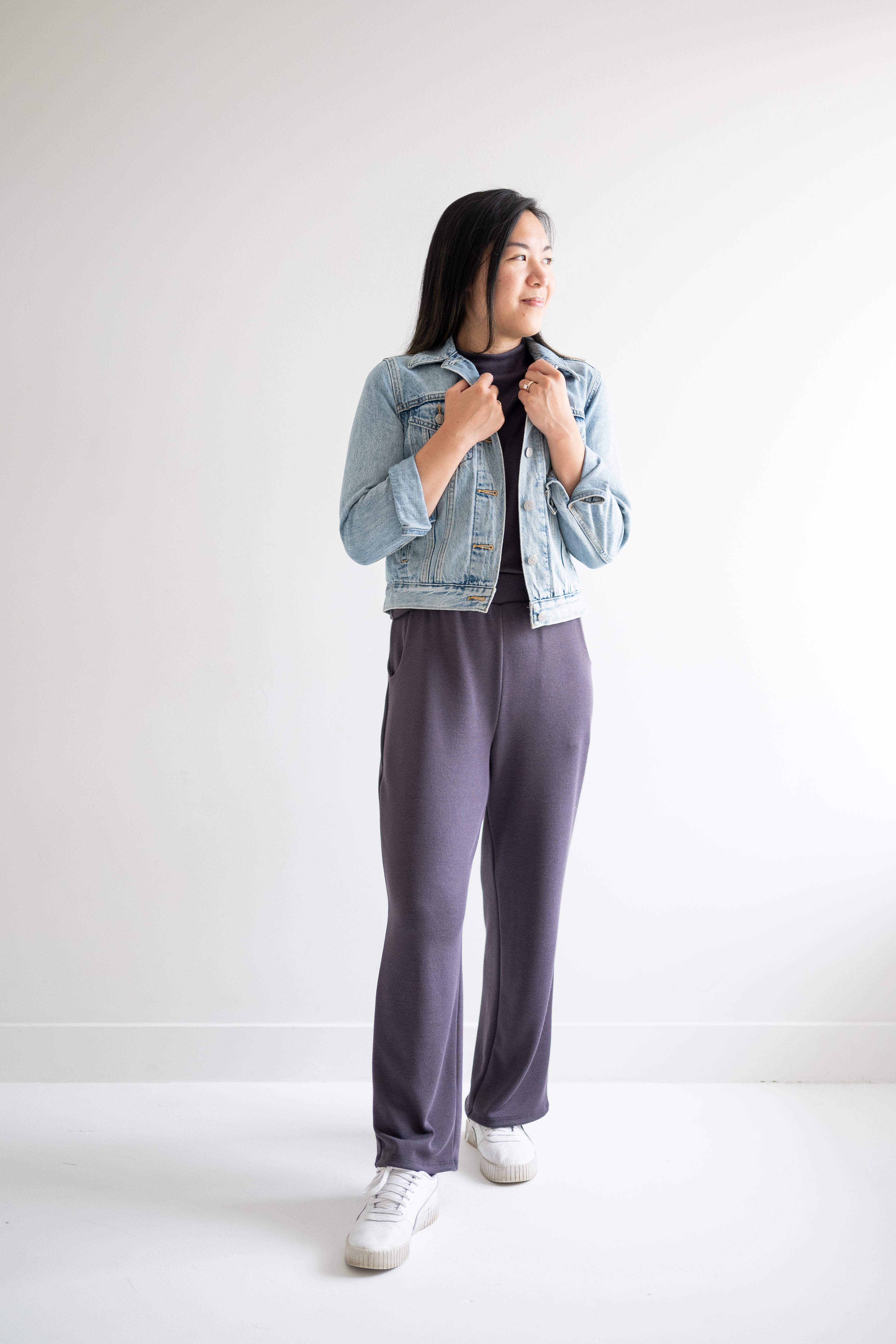 high waist wide leg pants for women in grey with a denim jacket