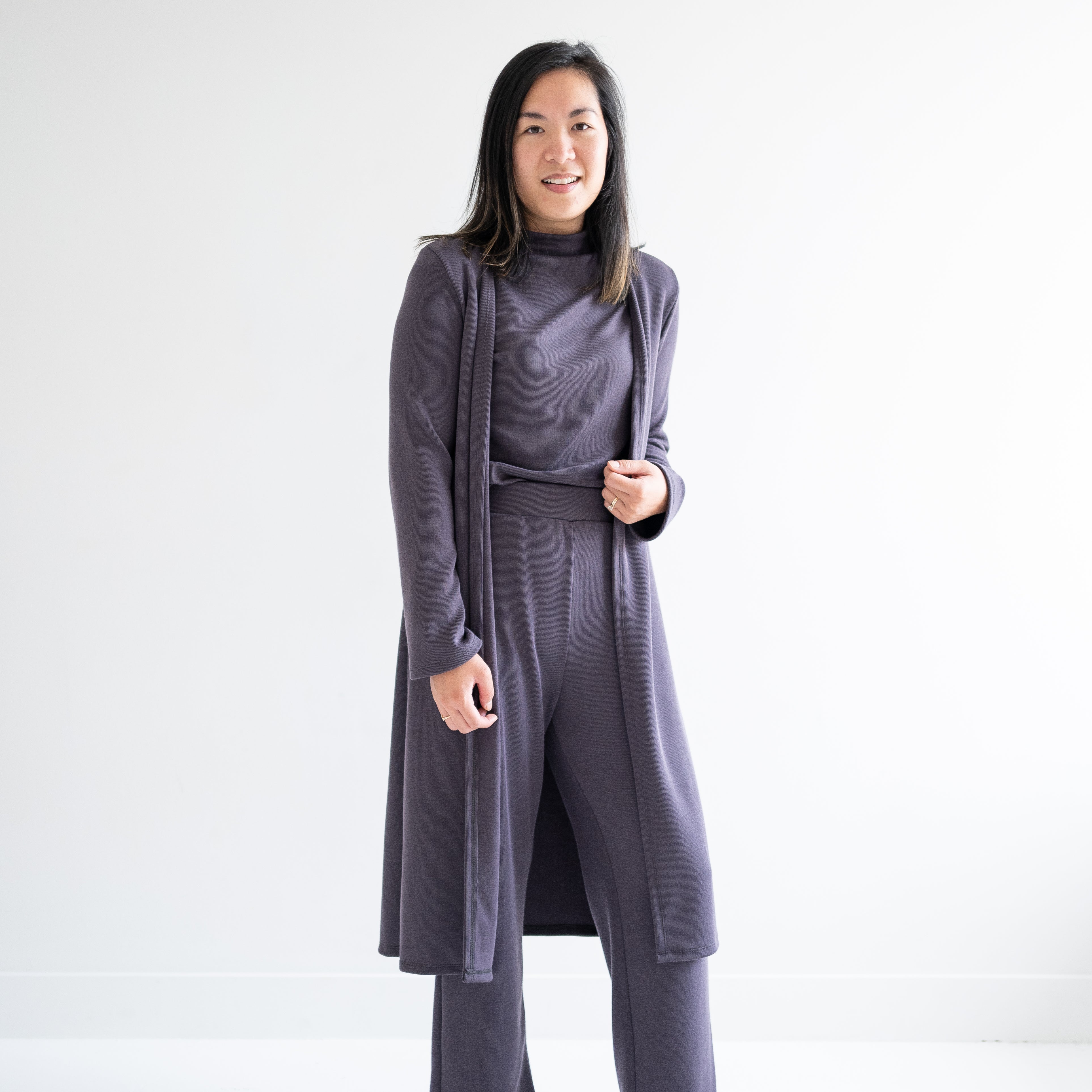 Long Dark Grey Purple Cardigan for women with matching pants and mockneck