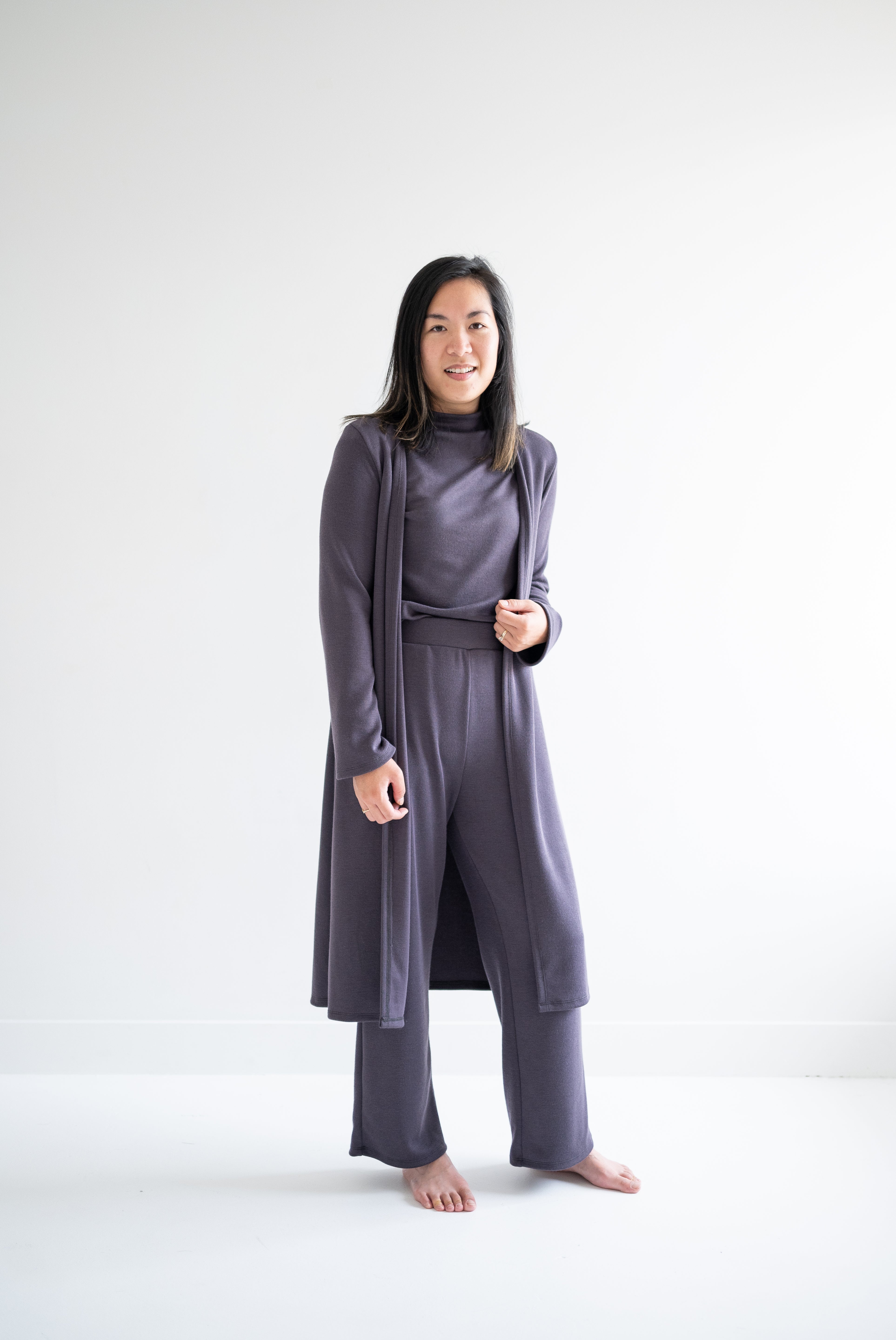 Long Dark Grey Purple Cardigan for women with matching pants and mockneck