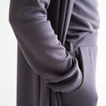 close up of pocket high waist wide leg pants for women in grey