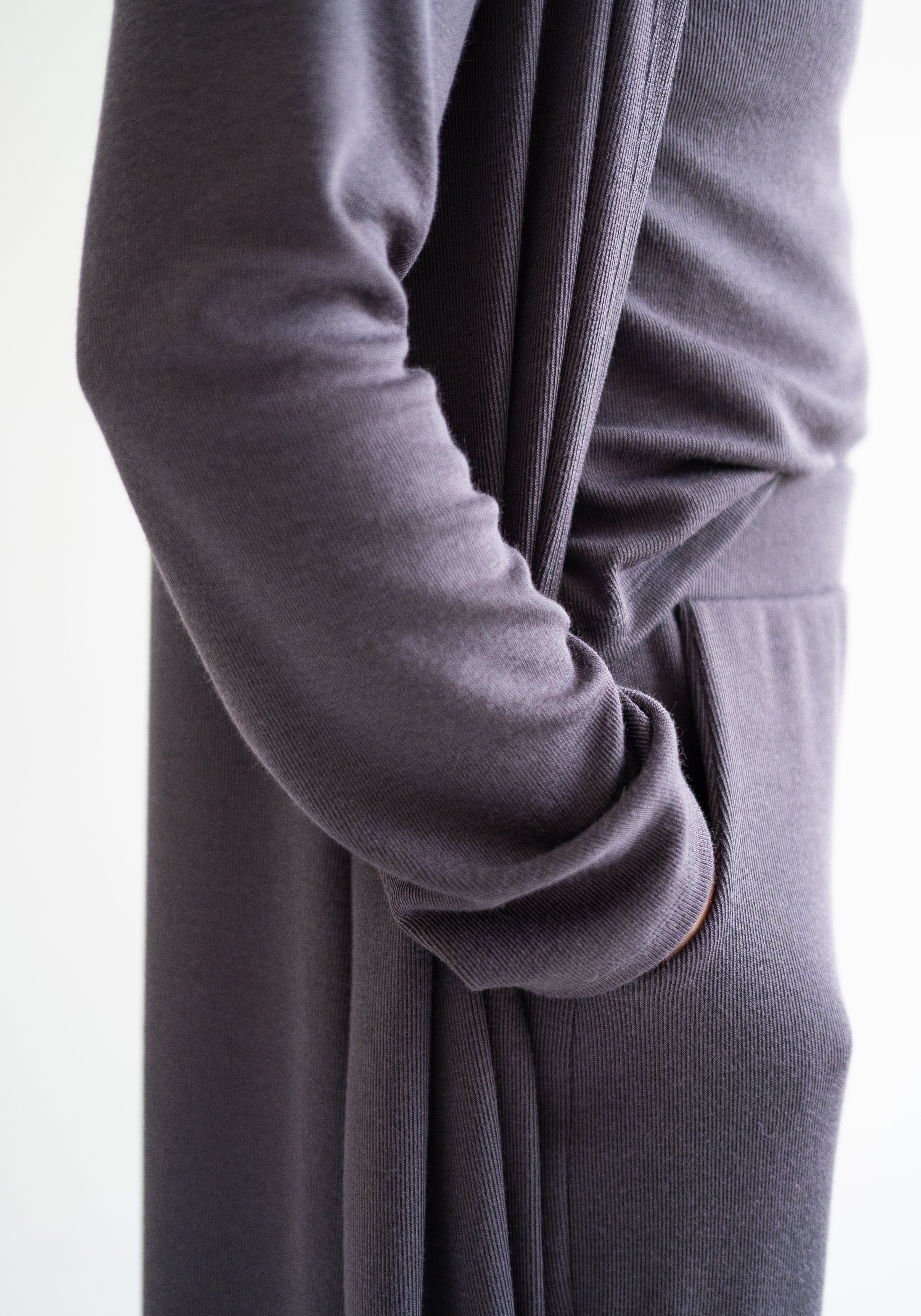 close up of pocket high waist wide leg pants for women in grey