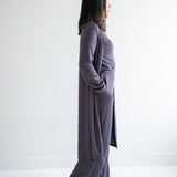 side view of Long dark grey duster cardigan for women