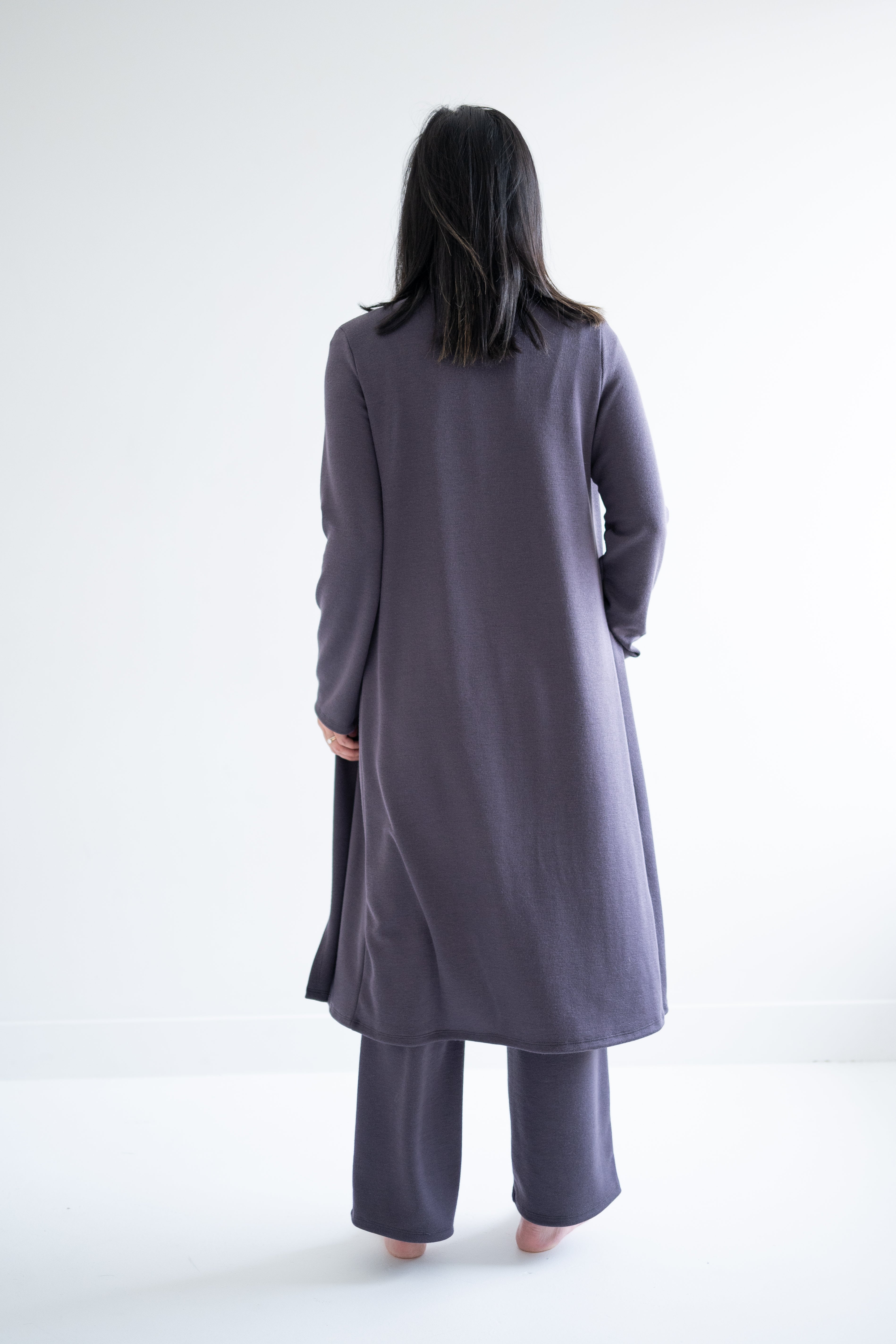 back view Long dark grey duster cardigan for women