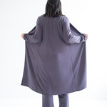 back view with arms opening Long dark grey duster cardigan for women