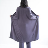 back view with arms opening Long dark grey duster cardigan for women