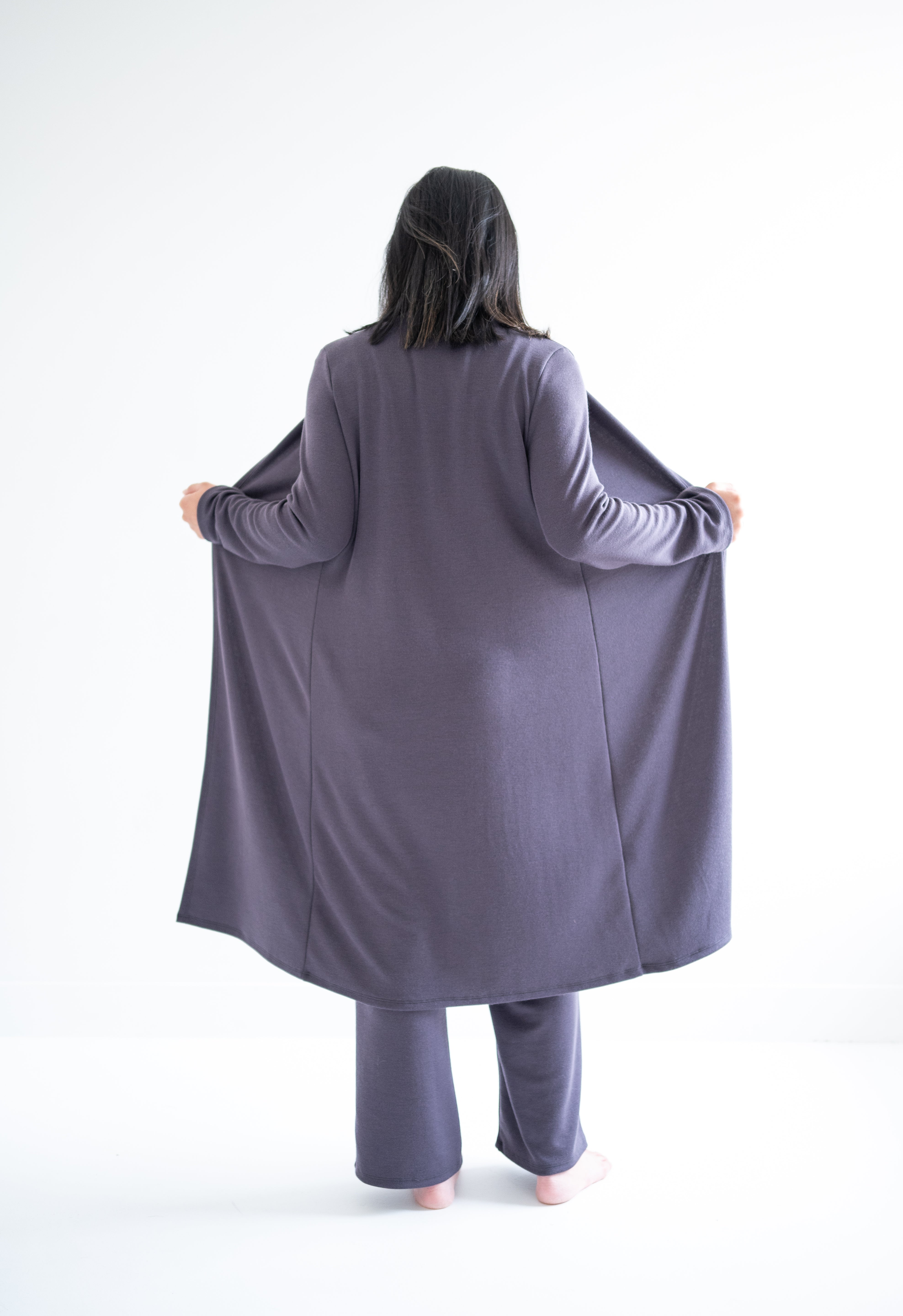 back view with arms opening Long dark grey duster cardigan for women