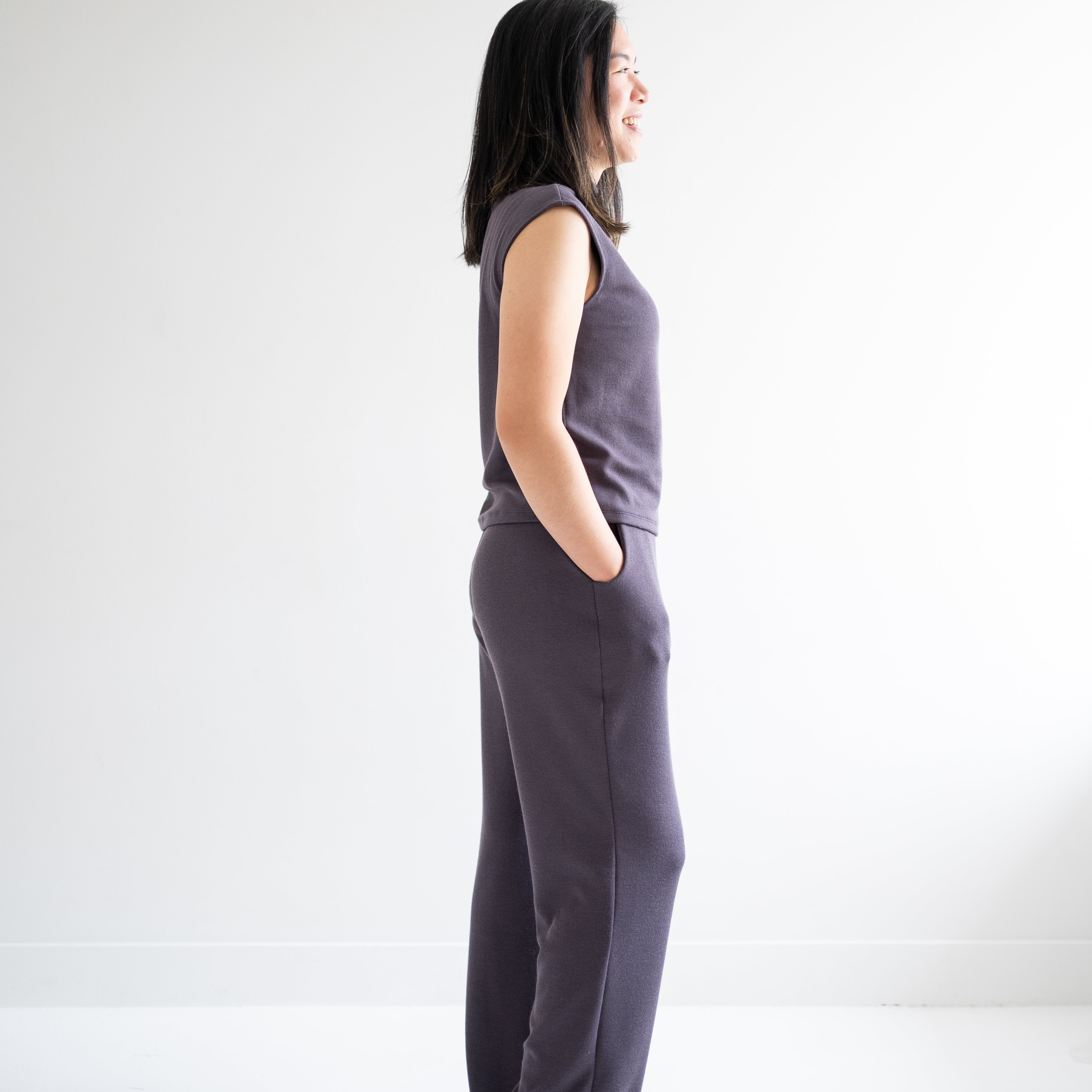 side view of high waist wide leg pants for women in grey