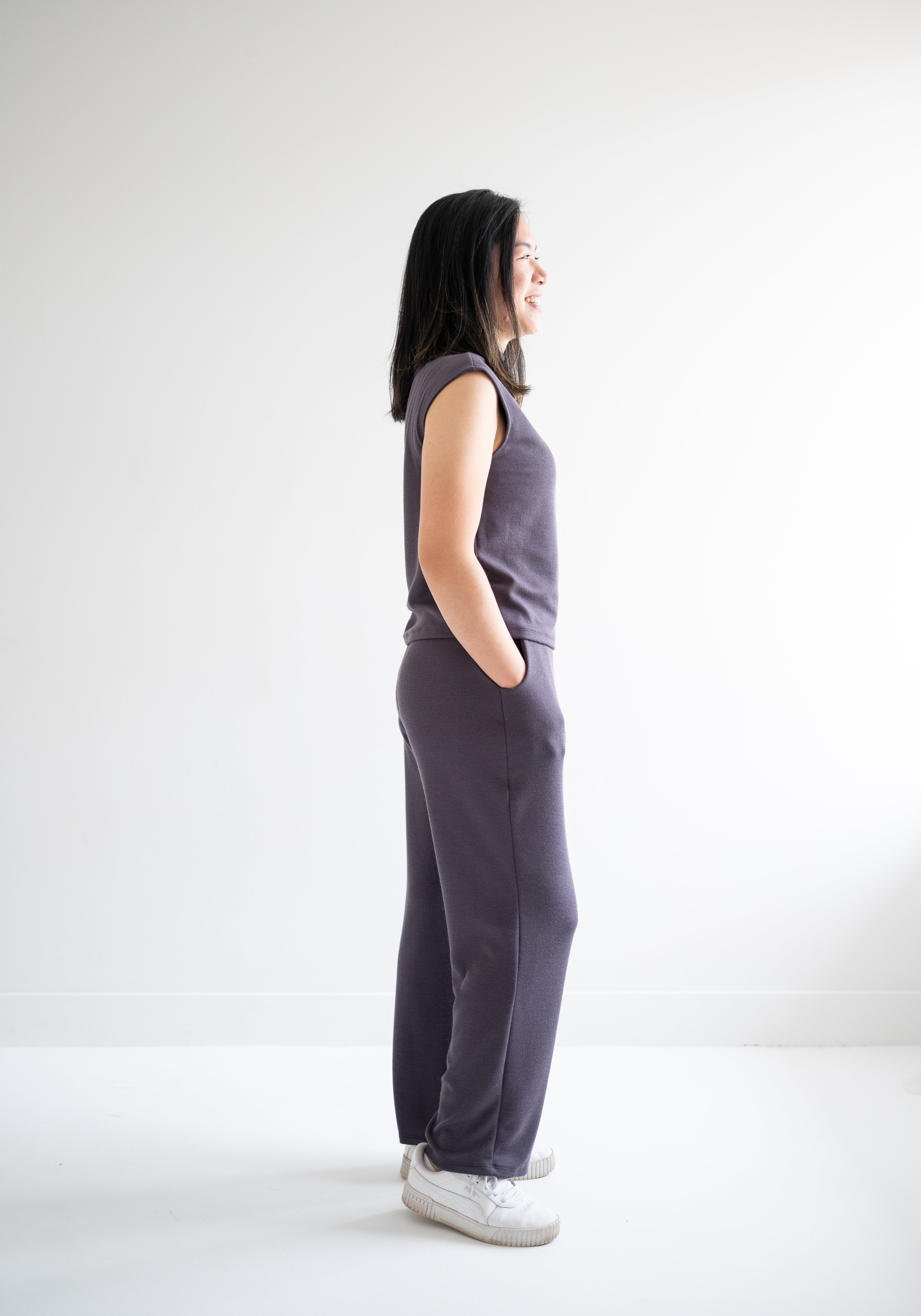 side view of high waist wide leg pants for women in grey