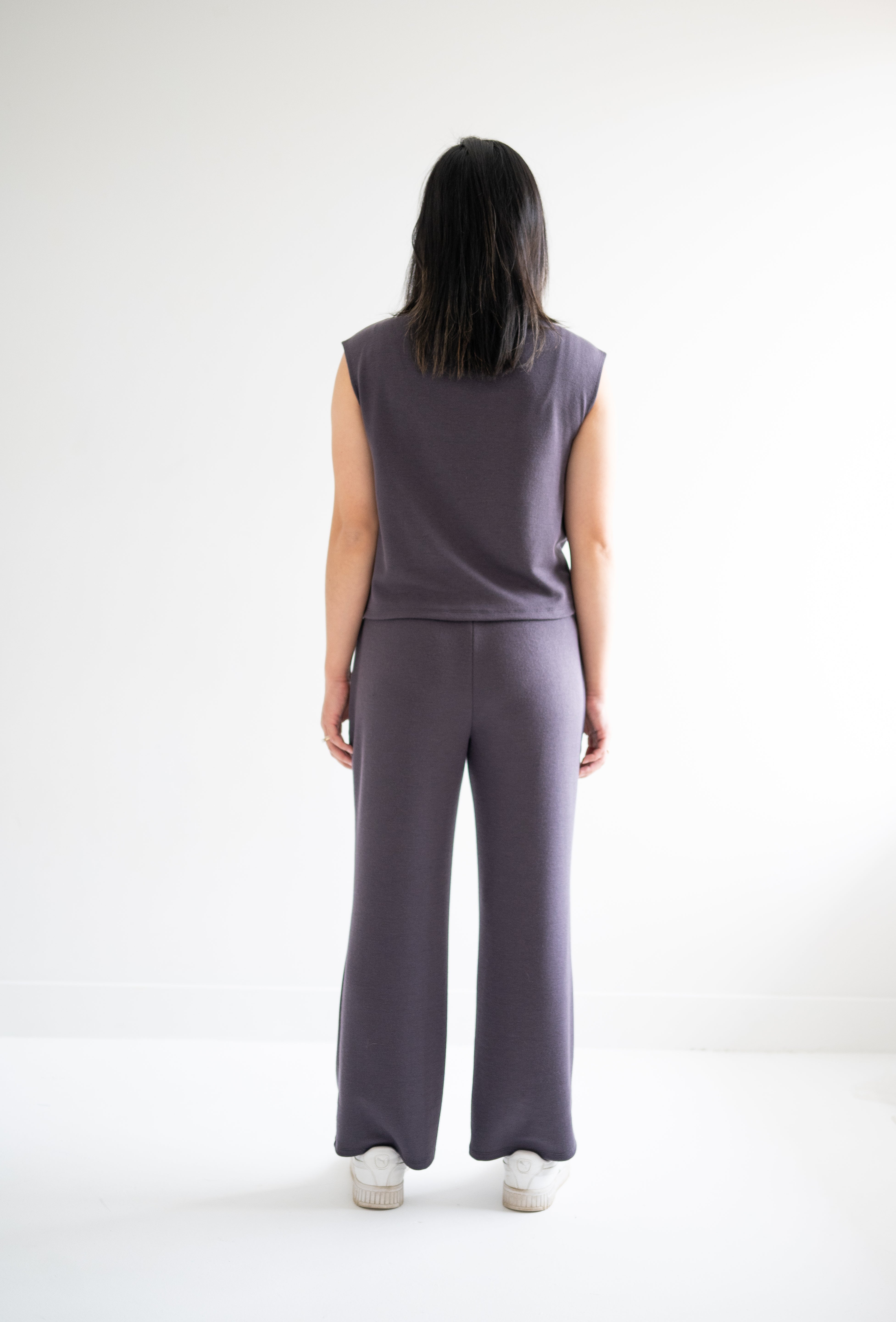 back view of high waist wide leg pants for women in grey