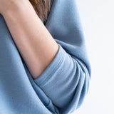 close up of sleeve Sky Blue sweater dress with long sleeves for women