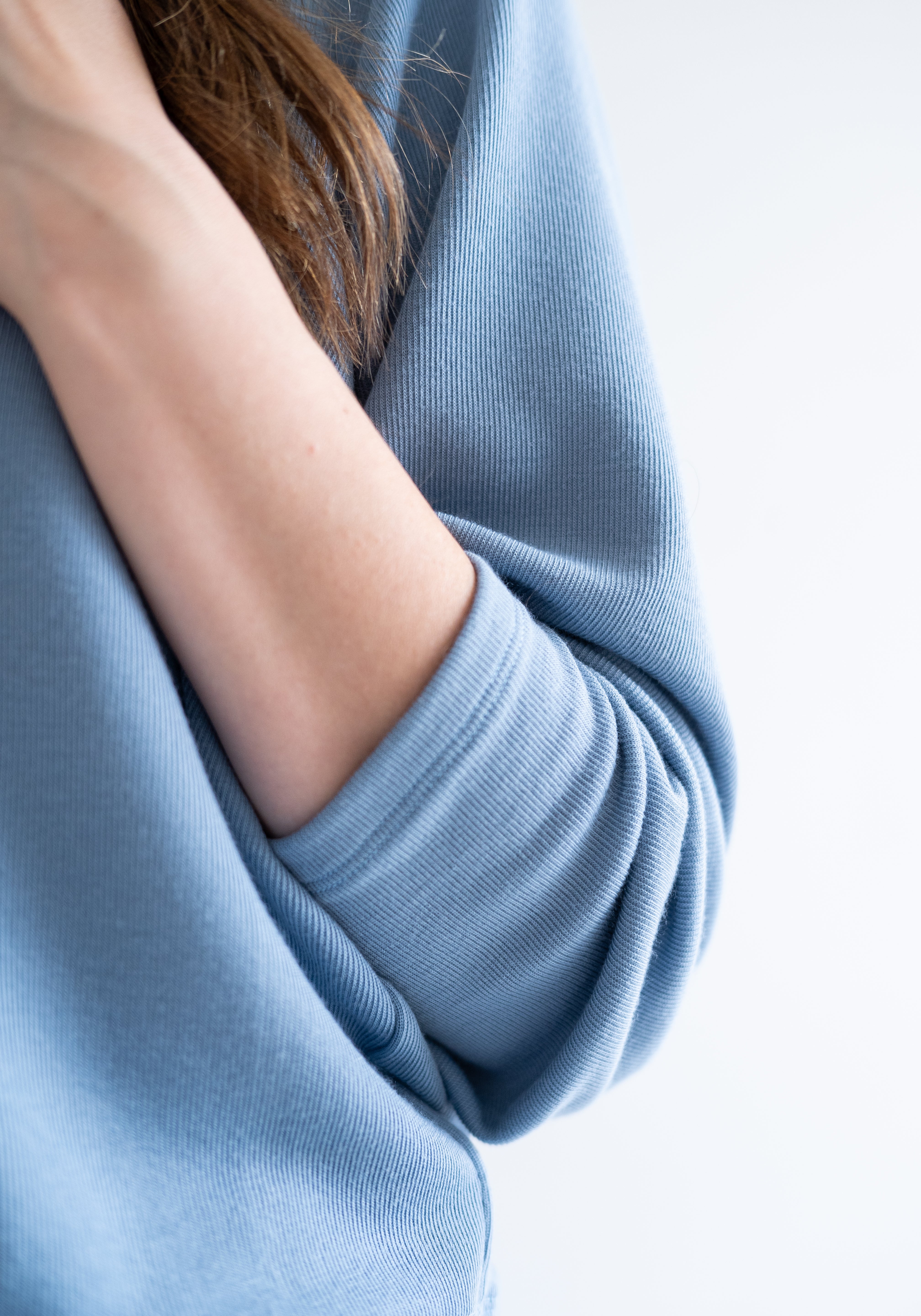 close up of sleeve Sky Blue sweater dress with long sleeves for women