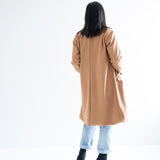 back view of camel wool coat for women
