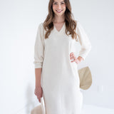 cream long sleeved vneck dress for women with beige hat