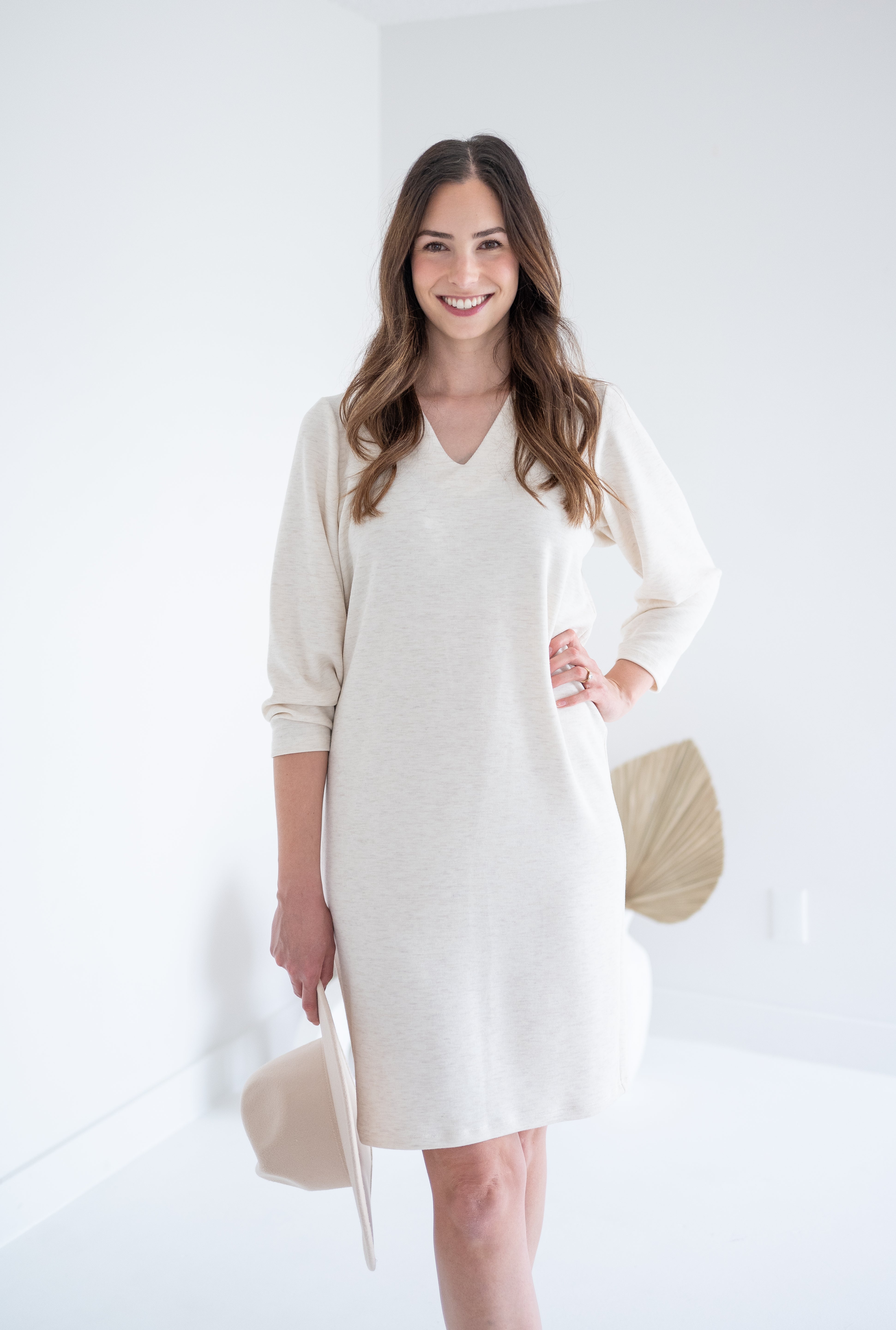 cream long sleeved vneck dress for women with beige hat