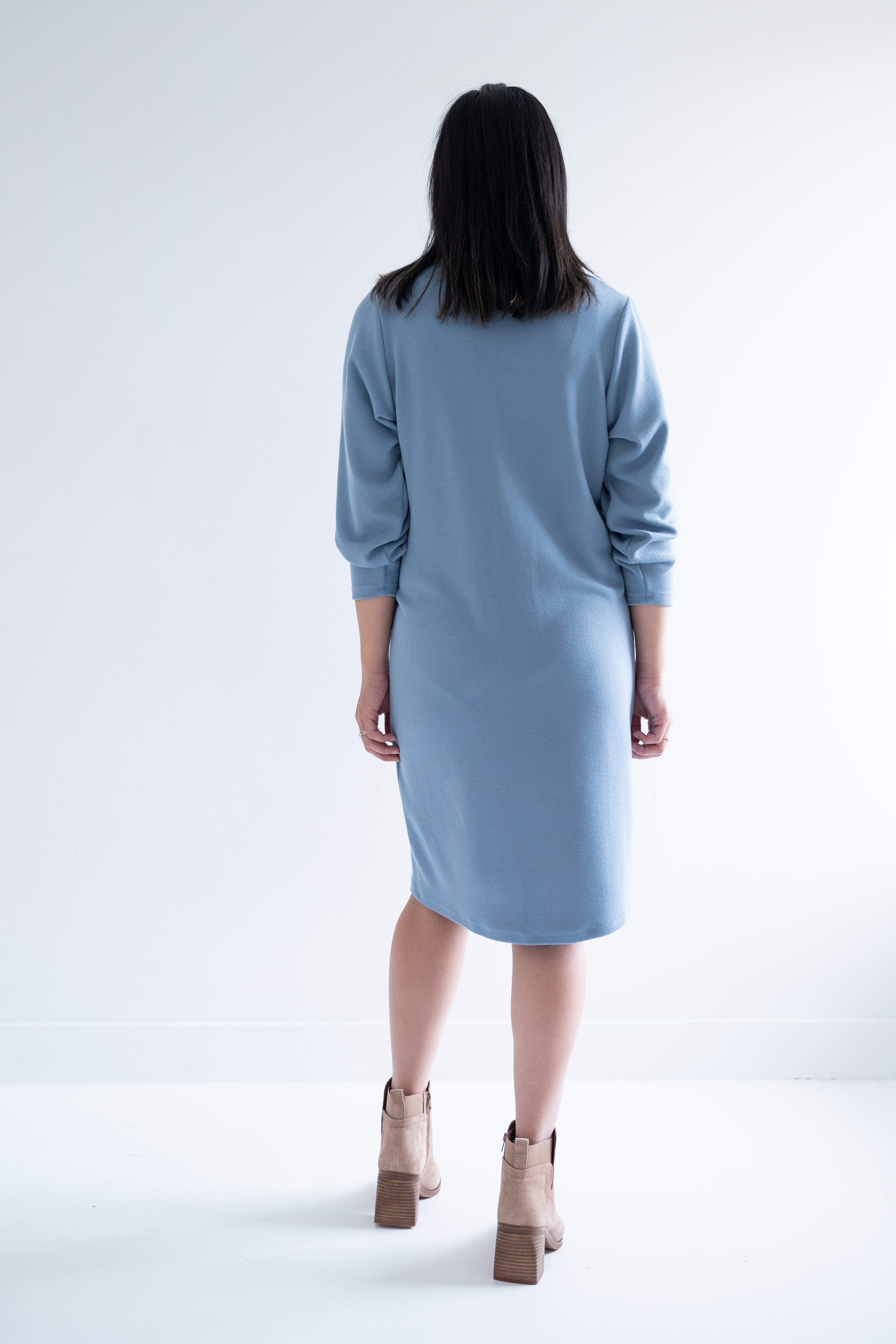 back view of Sky Blue sweater dress with long sleeves for women