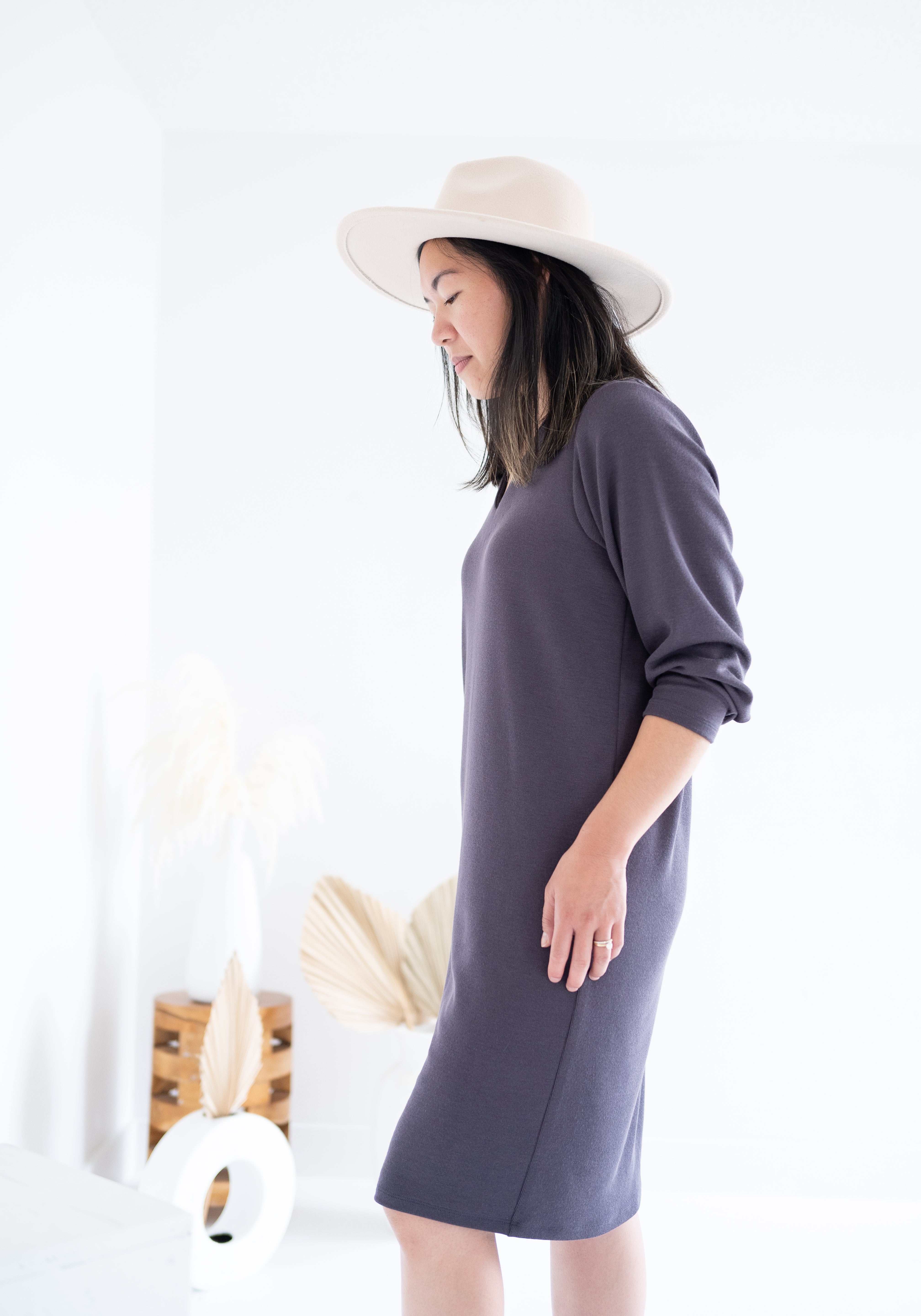 side view of grey sweater dress for women