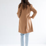 back view of camel wool coat with denim and sneakers