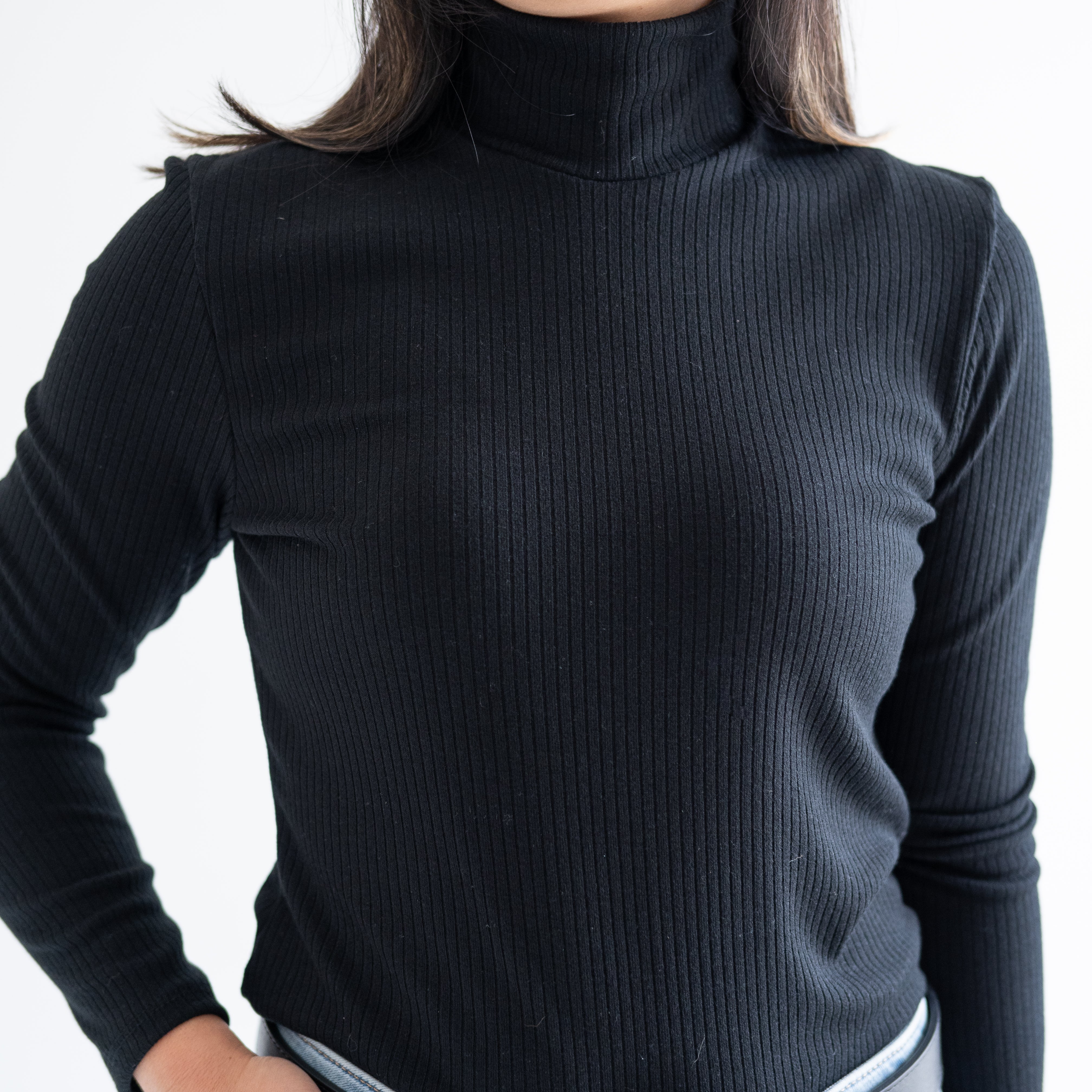 Close up of black turtleneck top for women