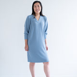 front view of Sky Blue sweater dress with long sleeves for women