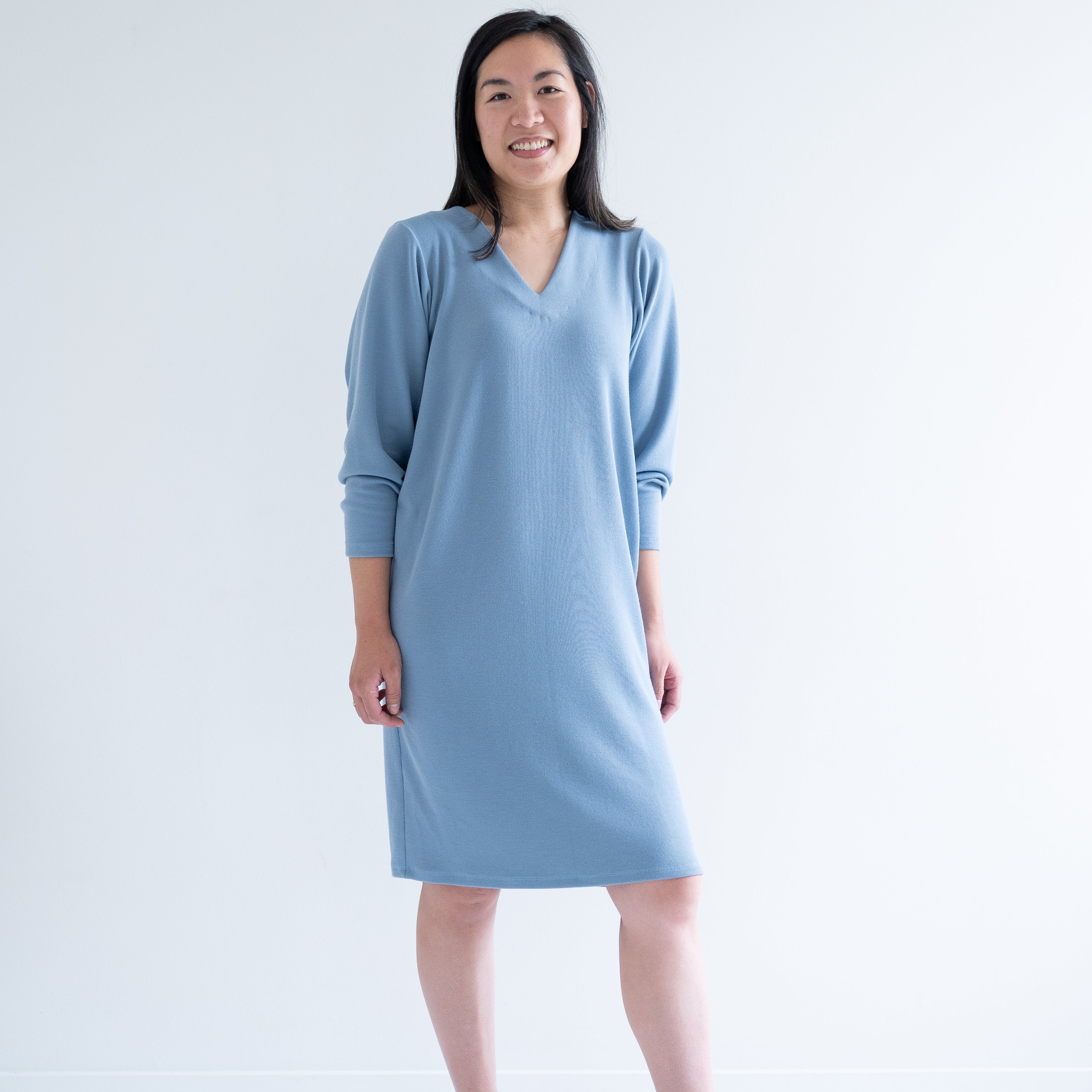 front view of Sky Blue sweater dress with long sleeves for women