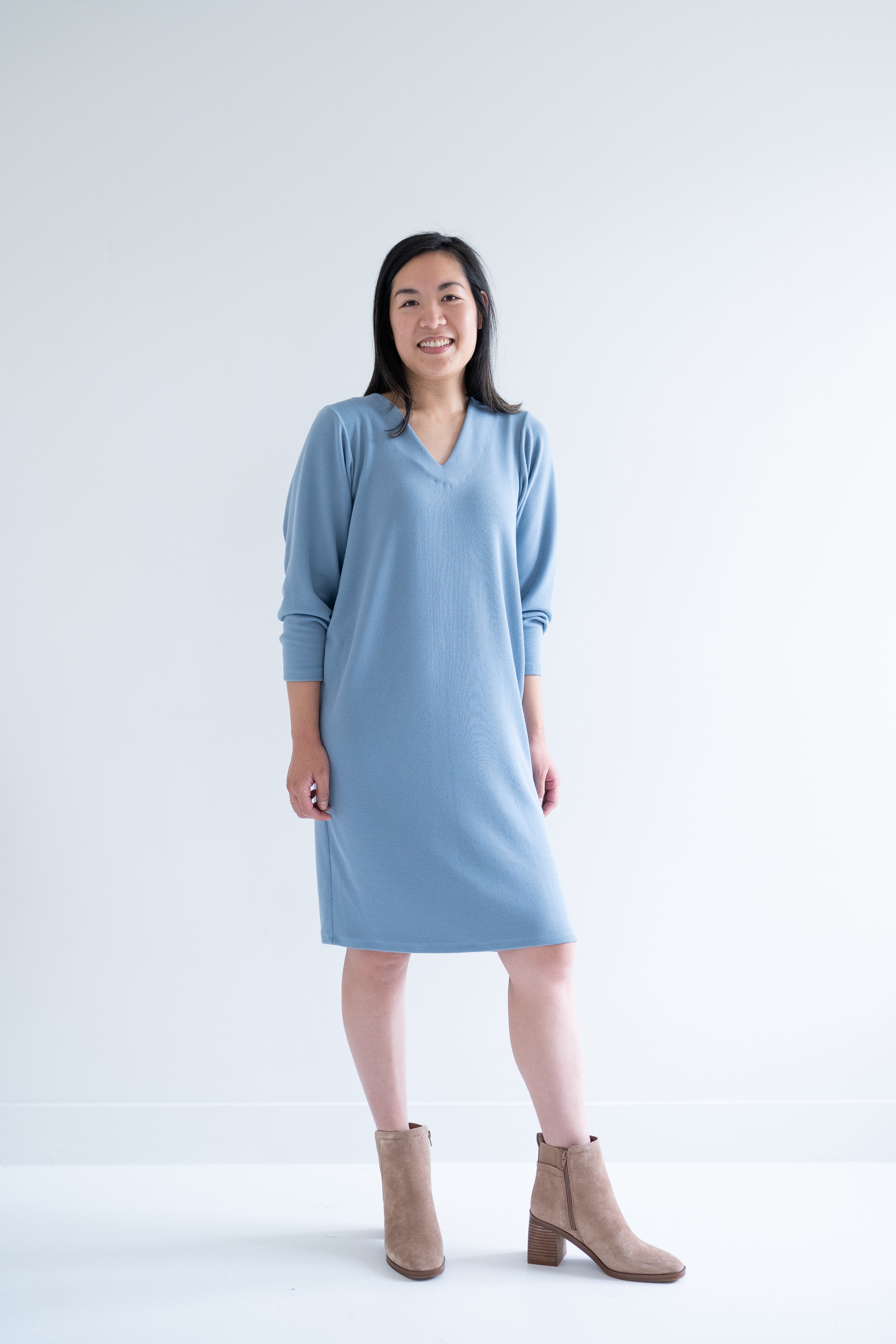 front view of Sky Blue sweater dress with long sleeves for women