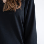 close up of black knee length sweater knit dress for women