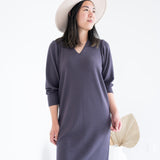 front view of vneck grey sweater dress with long sleeves for women