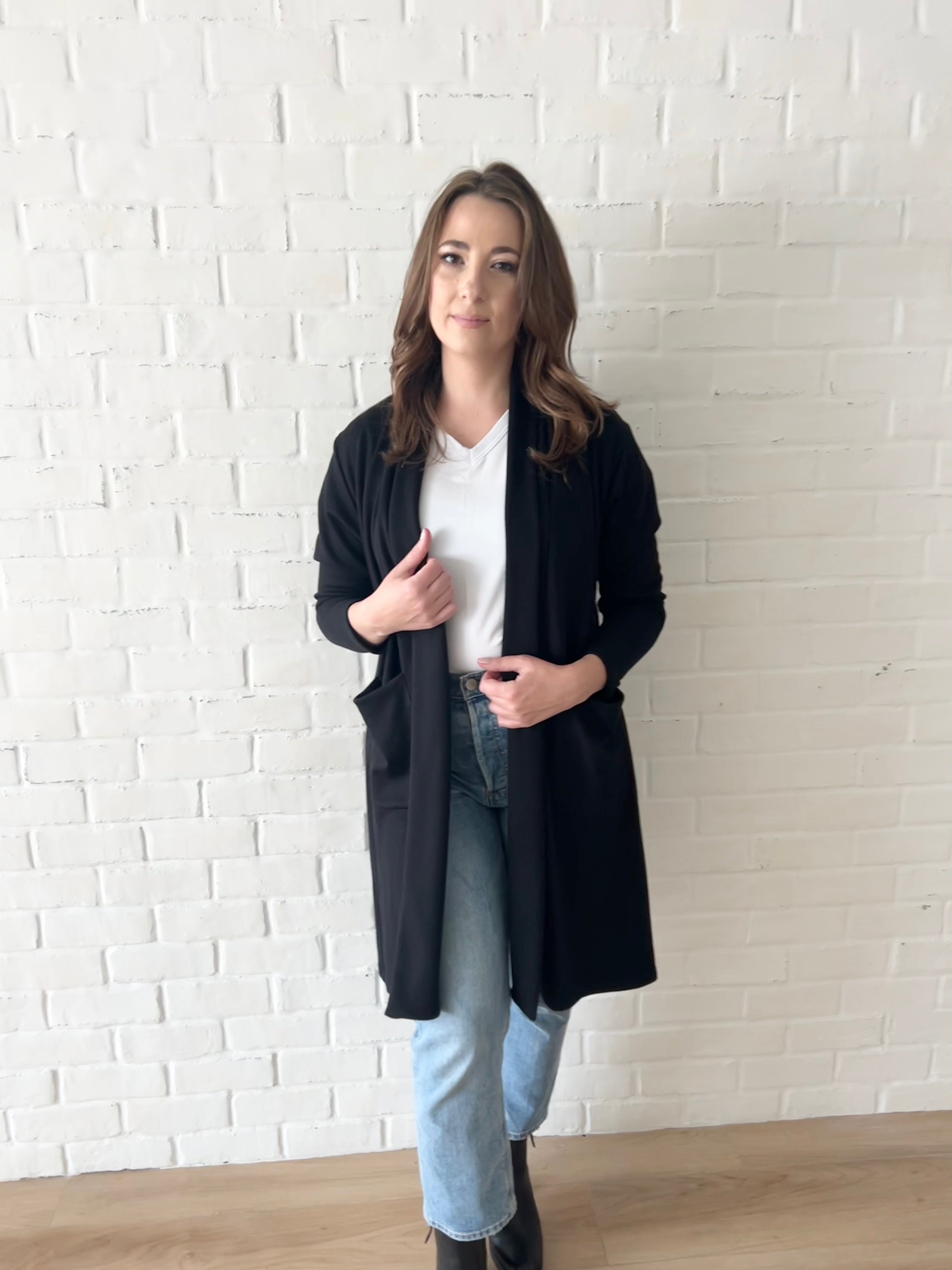 black long cozy cardigan with pockets