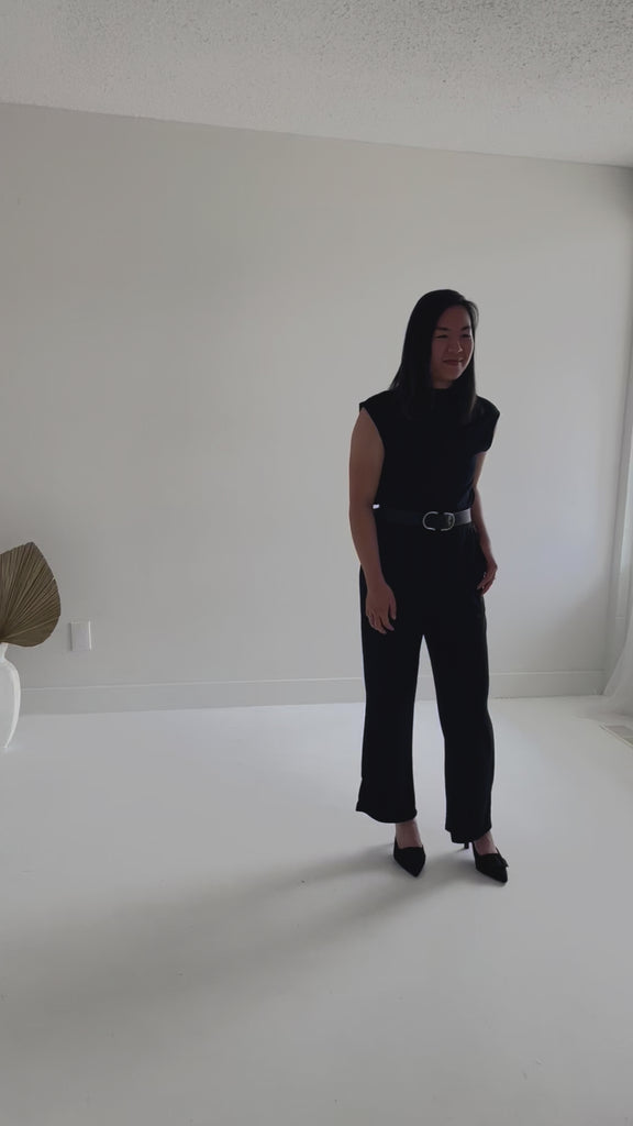 Video of black mockneck and black wide leg pants made in canada for women